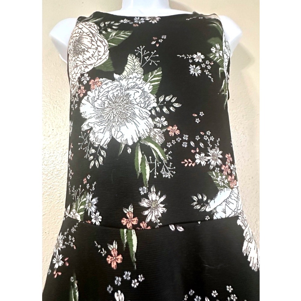 Black Floral Peony Print Sleeveless Fit and Flare Skater Dress